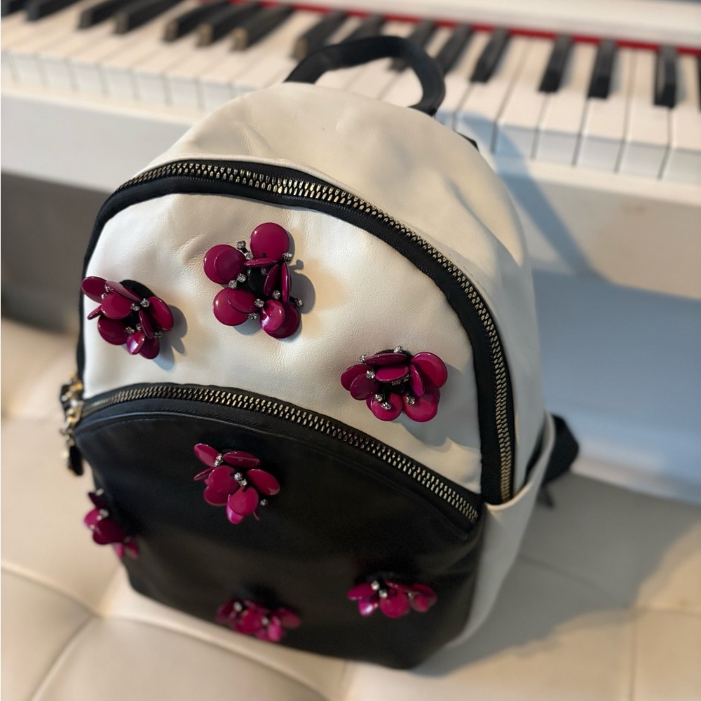 Betsy Johnson Stylish Black and White Women's Backpack with Floral Accents